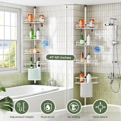 HAMITOR Corner Shower Caddy Tension Pole: Rustproof Bathroom Organizer Shelves for Bathtub Shampoo Accessories Storage Holder - 47-121 Inch Adjust - White