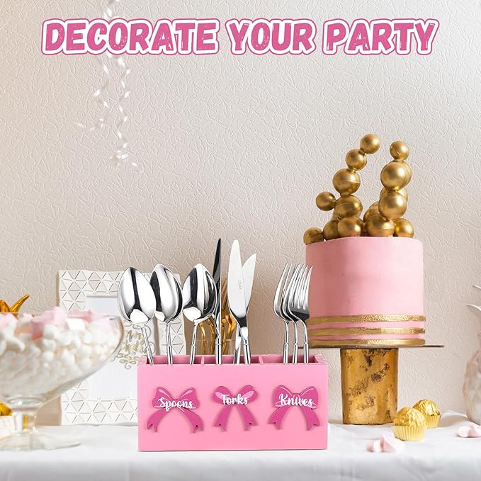 Patelai Pink Bow Wood Flatware Silverware Caddy for Countertop Small Decorative Christmas Utensil Holder Kitchen Counter with 3 Compartment Farmhouse Knife Spoon and Fork Holder for Party Kitchen