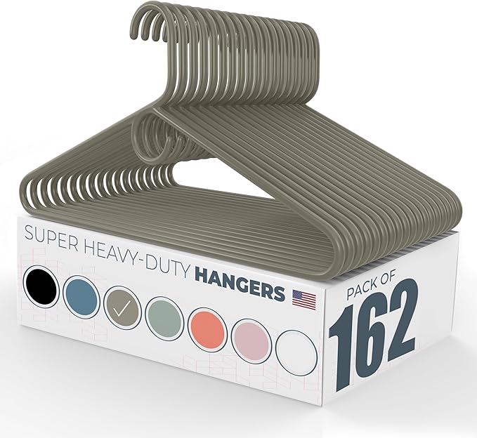 Super Heavy Duty Clothes Hangers 100+ Pack (162 Count) – Made in the USA - 10lb Capacity, Thick Plastic Hangers for Pants, Coats, Jackets, Jeans and Adult Clothing – Gray