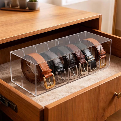 JASGOOD Belt Organizer for Closet,Acrylic 7 Compartments Storage Holder with Dust Cover Lid for Closet Drawer, Display Case for Belts, Ties, Watches, Jewelry and Accessories