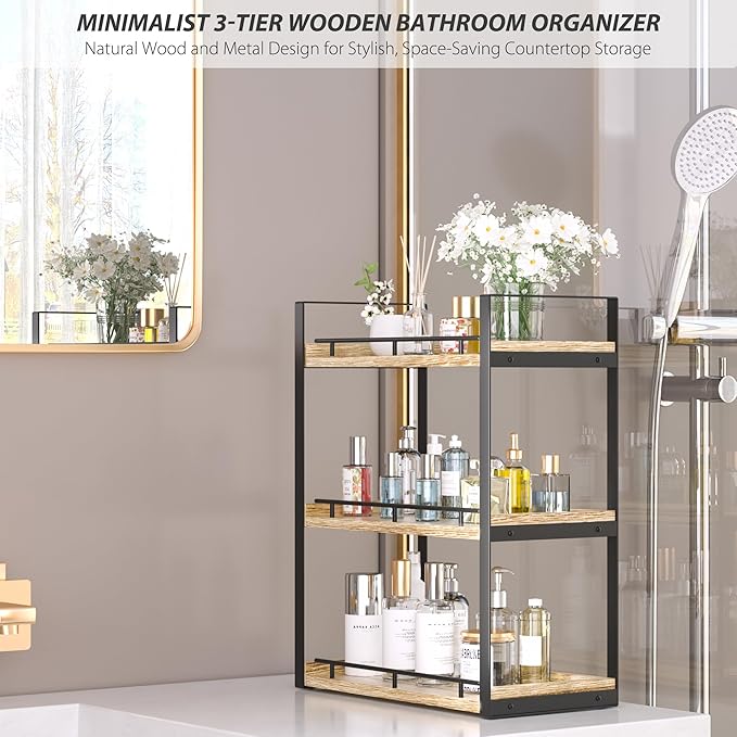 Bathroom Counter Organizer, 3 Tier Wood Countertop Shelf for Vanity, Skincare, Makeup, Kitchen Coffee and Sink Storage, with Durable Metal Bracket (Rustic Brown)