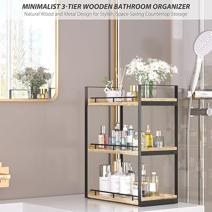 Bathroom Counter Organizer, 3 Tier Wood Countertop Shelf for Vanity, Skincare, Makeup, Kitchen Coffee and Sink Storage, with Durable Metal Bracket (Rustic Brown)