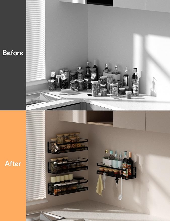Spice Rack Wall Mount with Hooks - Spice Racks Organizer for Cabinet Storage, Wall Mounted Hanging Shelf Seasoning Organizer, for Kitchen, Pantry Door, Bathroom (Black, 1 Pack)