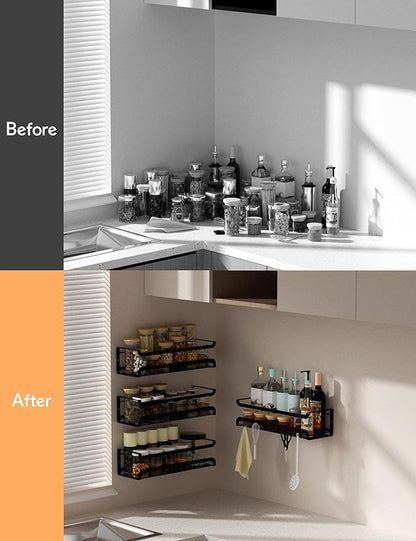 Spice Rack Wall Mount with Hooks - Spice Racks Organizer for Cabinet Storage, Wall Mounted Hanging Shelf Seasoning Organizer, for Kitchen, Pantry Door, Bathroom (Black, 1 Pack)