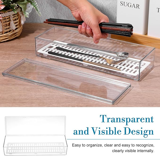 2 Pcs Clear Silverware organizer with lid, Plastic Flatware Storage Box, Kitchen Drawer Organizer tray, Cutlery Utensil Holder for Flatware and Silverware