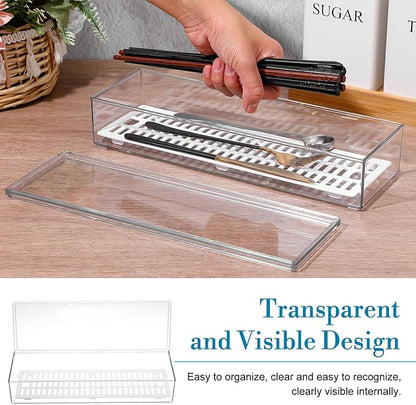 2 Pcs Clear Silverware organizer with lid, Plastic Flatware Storage Box, Kitchen Drawer Organizer tray, Cutlery Utensil Holder for Flatware and Silverware
