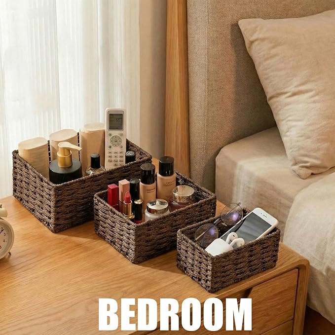 Small Wicker Basket for Organizing, Woven Storage Basket Set of 3 - Handwoven Natural Paper Rope Baskets to Declutter Any Room, Perfect for Organizing and Home Decor (Coffee)