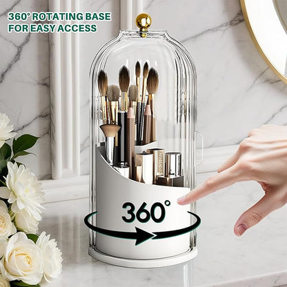 Makeup Brush Holder with Lid Cosmetic Tools Organizer 360 Rotating Waterproof Dustproof Make Up Brushes Storage for Vanity Bathroom Countertop