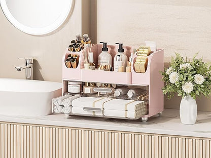 Delamu Large Makeup Organizer Countertop with 6 Brush Holders, Makeup Organizers for Vanity with 2 Large Drawers, Easy to Store Skincare, Lipsticks, Nail Polishes, Perfumes, Eyeshadow Palettes, Pink