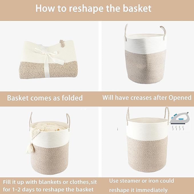 Woven Cotton Rope Laundry basket-15”X20” Laundry Hamper-Rope Storage Basket for Dirty Clothes, Toys and Blankets Perfect for Bathroom, Baby nursery and Living Room Storage (white and brown)