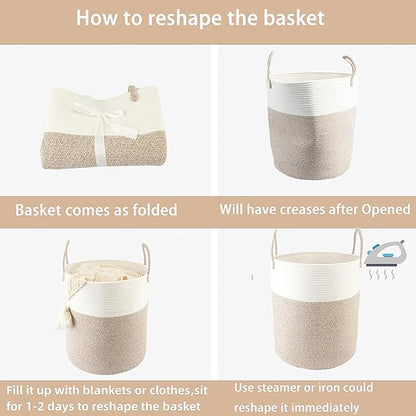 Woven Cotton Rope Laundry basket-15”X20” Laundry Hamper-Rope Storage Basket for Dirty Clothes, Toys and Blankets Perfect for Bathroom, Baby nursery and Living Room Storage (white and brown)