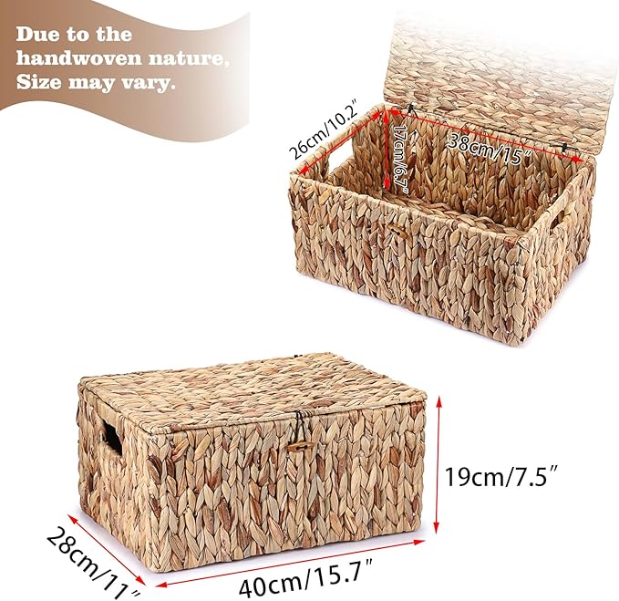 Hipiwe Wicker Storage Basket Bins with Lid, Large Water Hyacinth Baskets Box Rectangular Decorative Shelf Baskets Bin with Handles Handwoven Household Basket Boxes for Shelf Home Organizing