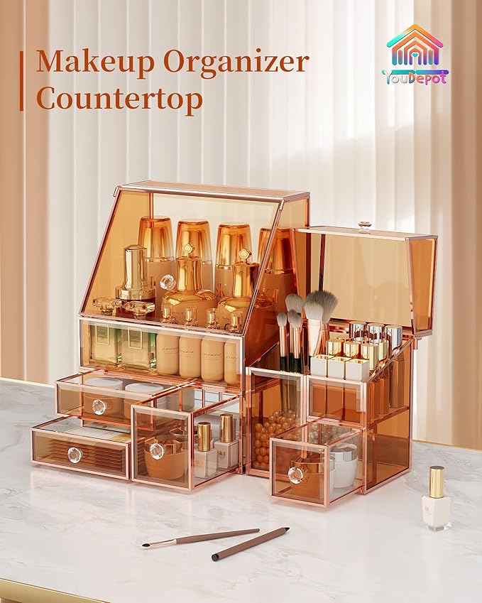 Youdepot Glass Makeup Storage for Vanity and Bathroom Countertop – Large Cosmetic Display Case and Skincare Storage Solution