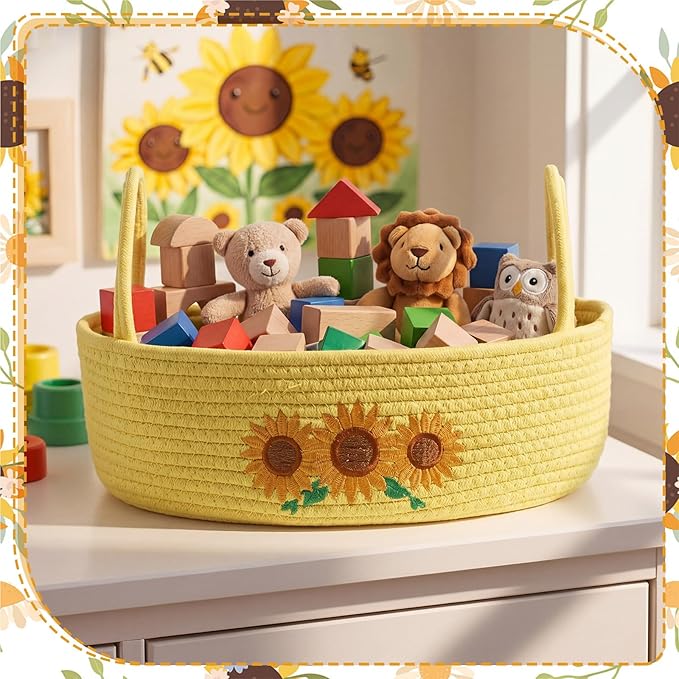 Vesici Sunflower Woven Storage Basket for Toilet Tank Top Boho Cotton Rope Bathroom Countertop Organizer Basket with Handle Yellow Bathroom Decor for Bedroom Nursery Toys Organizing, 13 x 6 x 4 Inch