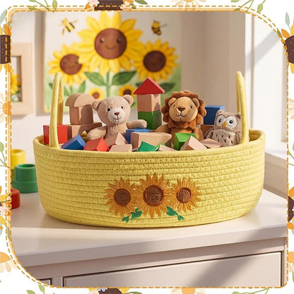 Vesici Sunflower Woven Storage Basket for Toilet Tank Top Boho Cotton Rope Bathroom Countertop Organizer Basket with Handle Yellow Bathroom Decor for Bedroom Nursery Toys Organizing, 13 x 6 x 4 Inch
