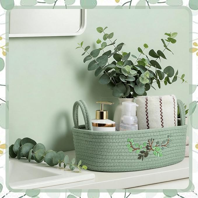 Vesici Eucalyptus Embroidered Cotton Rope Toilet Paper Basket, Boho Bathroom Counter Organizer with Handles, Green Storage Caddy for Toiletries Bedroom Organizing, 13 x 6 x 4 Inch