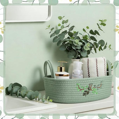 Vesici Eucalyptus Embroidered Cotton Rope Toilet Paper Basket, Boho Bathroom Counter Organizer with Handles, Green Storage Caddy for Toiletries Bedroom Organizing, 13 x 6 x 4 Inch