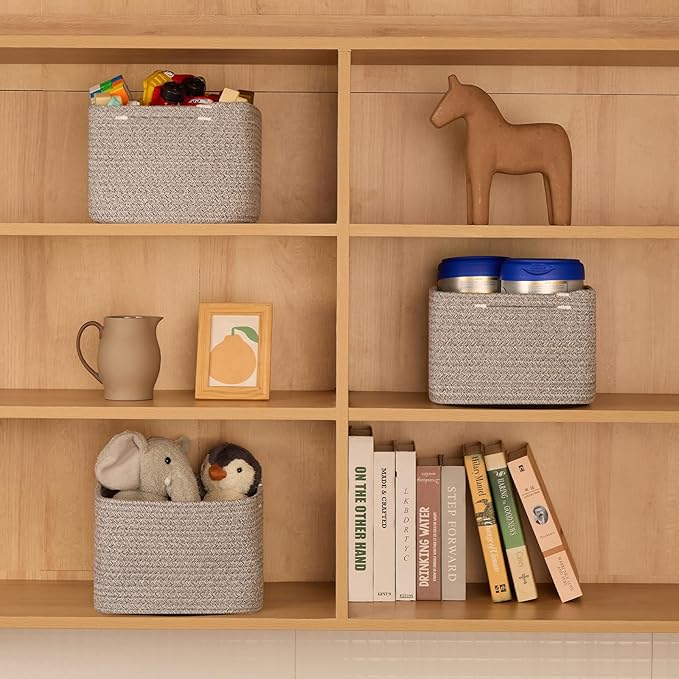 MiniArk Small Organizing Baskets for Cubes Shelf, 9.7x9.7x7.1 Inch Rope Woven Storage Bins for Nursery Shelves Storage, Cute Toy Basket, Square 3 Packs Mixed Grey