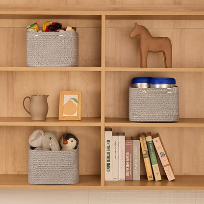 MiniArk Small Organizing Baskets for Cubes Shelf, 9.7x9.7x7.1 Inch Rope Woven Storage Bins for Nursery Shelves Storage, Cute Toy Basket, Square 3 Packs Mixed Grey