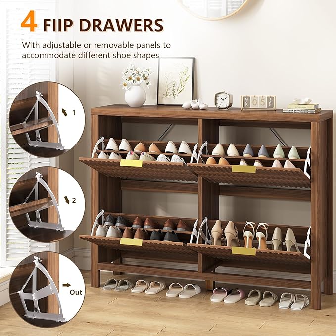 YOMILUVE Shoe Cabinet Storage for Entryway, Fluted Shoe Cabinet with 4 Flip Drawers, Hidden Shoe Rack Freestanding Wooden Shoe Organizer with Legs for Hallway, Walnut