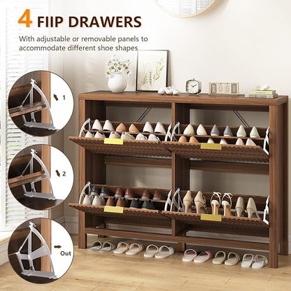 YOMILUVE Shoe Cabinet Storage for Entryway, Fluted Shoe Cabinet with 4 Flip Drawers, Hidden Shoe Rack Freestanding Wooden Shoe Organizer with Legs for Hallway, Walnut