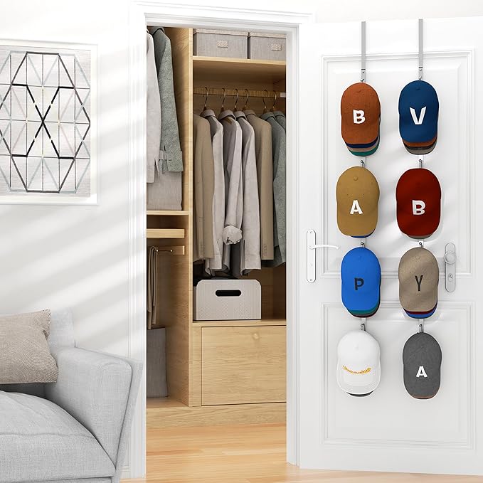 HapiRm Over Door Hat Rack - 2 Packs Hat Organizer with 8 Hooks Design, Hanging Baseball Cap Organizer Storage Holds Up to 40 Caps for Door, Bedroom, Closet (Sliver)