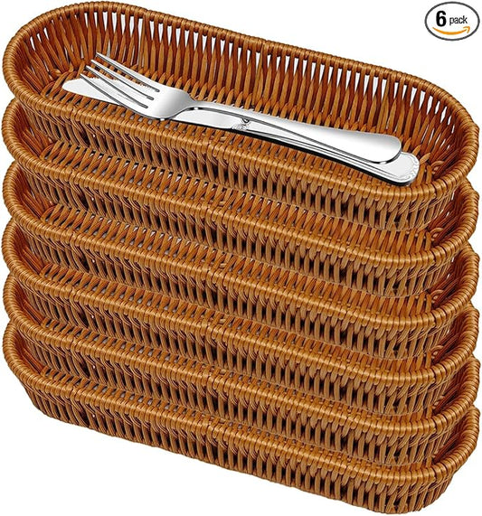 Storage Basket Small, 6 Pack Silverware Organizer Basket, Flatware Organizer for Drawer, Small Narrow Bread Baskets, Stackable Wicker Storage Baskets for Spoons Forks Knives Stationery (Oval)