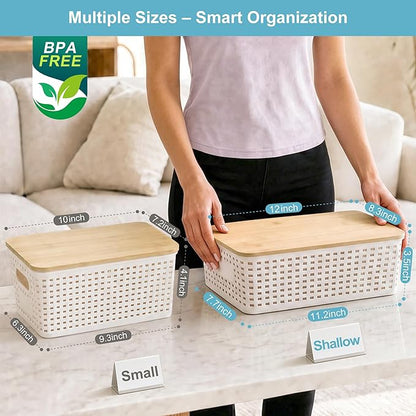 Bagnizer 4 Pack Plastic Storage Bins with Bamboo Lids, 6.2qt Stackable Storage Organizer Box with Lable for Pantry Shelves Drawers Desktop Office, 12"L x 8.3"W x 3.5"H, Cream White