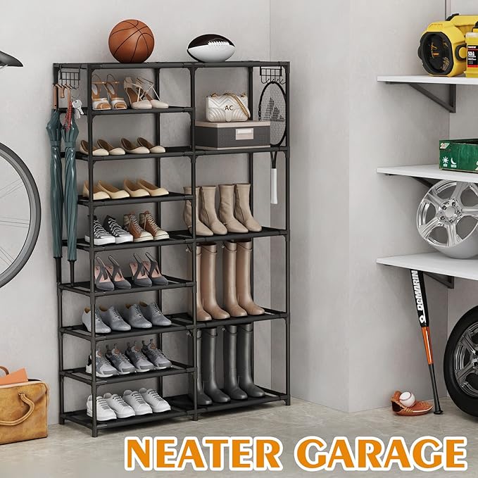 CSXGBAB Tall Garage Shoe Rack Large Capacity,Two Rows Versatile Hooks Storage Boot Shelf Black 24-35 Pairs
