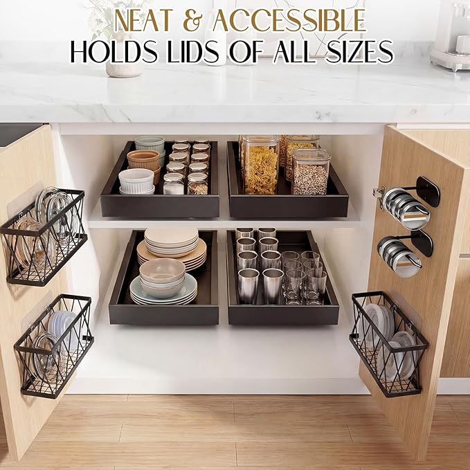 6 Pack Adhesive Cabinet Door Organizer, Lid Organizers Inside Cabinet Food Container/tumbler Lid Organizer and Storage Cup Lids Holder for Kitchen & Bathroom Wall Mounted(Black)