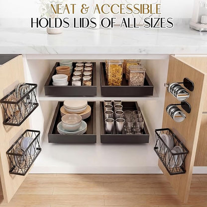 6 Pack Adhesive Cabinet Door Organizer, Lid Organizers Inside Cabinet Food Container/tumbler Lid Organizer and Storage Cup Lids Holder for Kitchen & Bathroom Wall Mounted(Black)