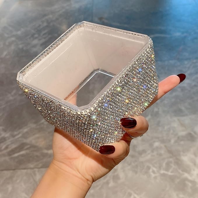 Bling Luxurious Rhinestone Desktop Organizer - High-End Makeup Storage Box Organizer Holder - Elegant Vanity Lipstick Display for Bedroom Dressing Table (Silver)