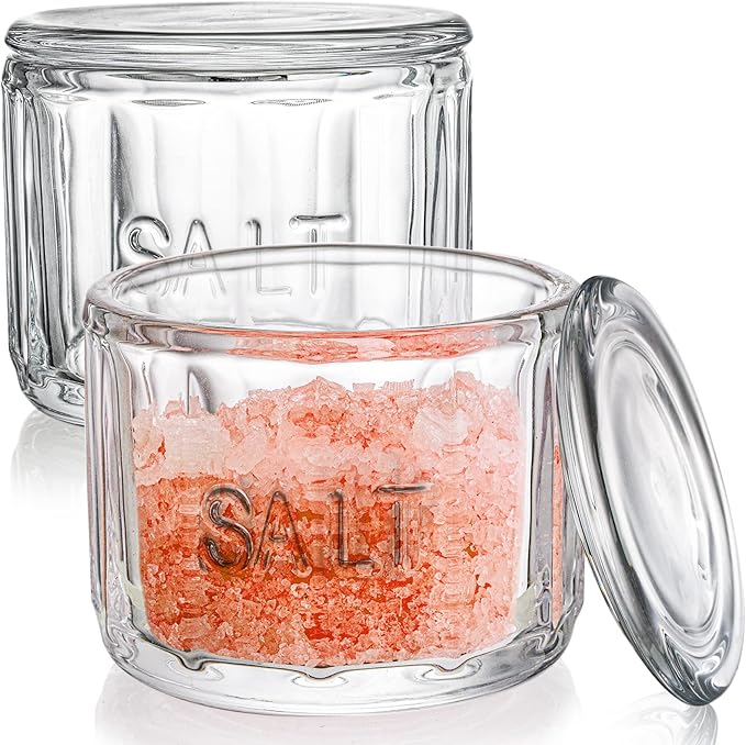 Nicunom 2 Pack Clear Glass Salt Cellar with Lid, Salt Storage Container Salt Box, Retro Style, Kitchen Decor, Wedding Gift, 3.75" D x 3.15" H