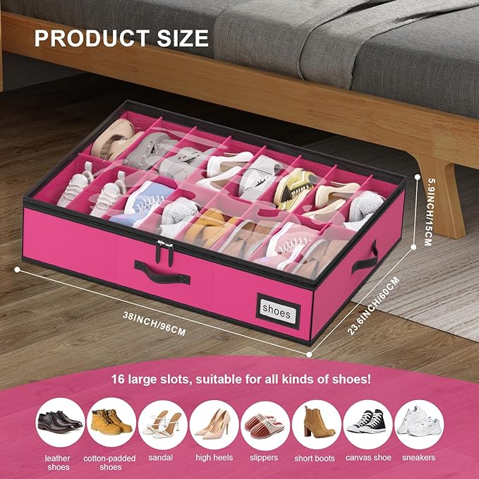homyfort Shoe Organizer Under Bed, Fits 32 Pairs, Under bed Shoe Storage Boxes with Study Handles and Clear Cover, zapateras organizer for shoes, set of 2