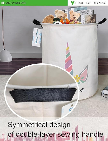 Laundry Basket Canvas Fabric Collapsible Organizer Basket for Storage Bin Toy Bins Gift Baskets Bedroom Clothes Children Nursery Hamper (Round Pink Unicorn)