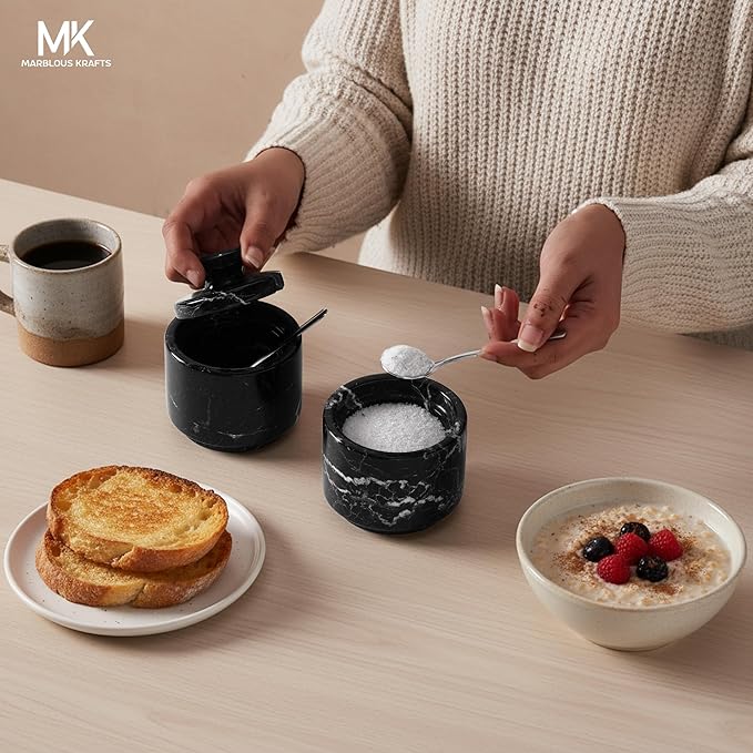 MARBLOUS KRAFTS Marble Salt Cellar with Lid and Spoon 3" Inch Black Zebra Flaky Salt Box for Gift, Modern Small Set of 2 Sugar Kitchen Countertop Storage, Coffee Container, Spice Jars, Candy Jar