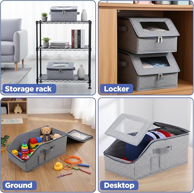 4 Pcs Stackable Hat Organizer for Baseball Caps, Grey Storage Box with Clear Window Lid, Holds up to 48 Caps, Space Saving Closet Organizer for Snapbacks, Foldable and Breathable Design