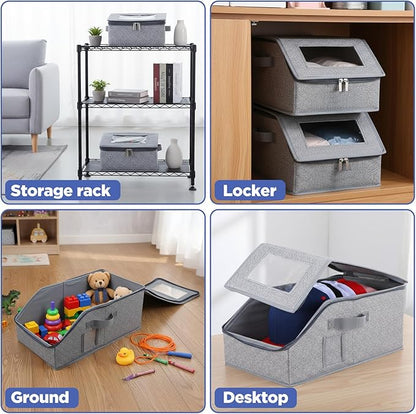 4 Pcs Stackable Hat Organizer for Baseball Caps, Grey Storage Box with Clear Window Lid, Holds up to 48 Caps, Space Saving Closet Organizer for Snapbacks, Foldable and Breathable Design