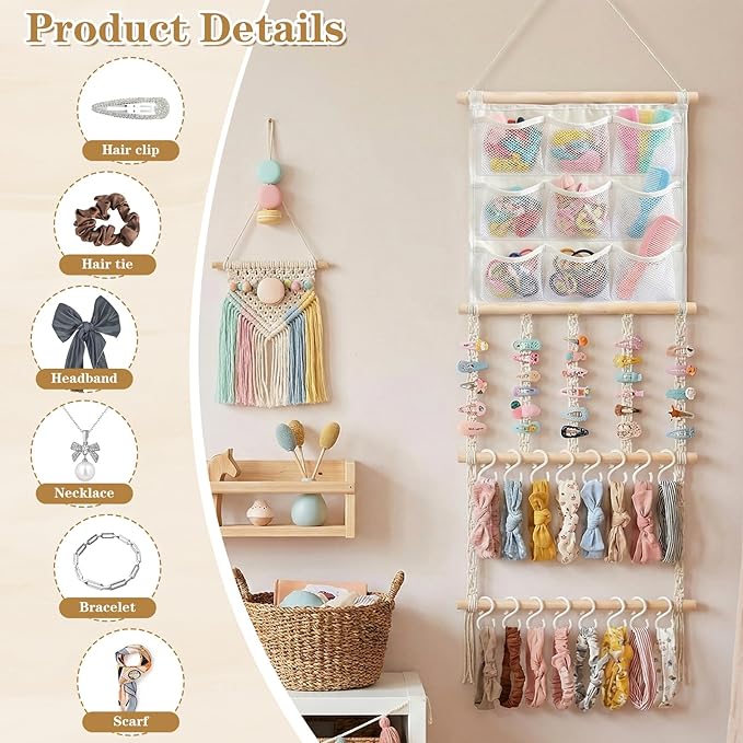 Hair Clip Holder Organizer Macrame Bow Organizer for Girls,Headband Holder Hair Accessories Storage Large Capacity Wall Hanging for Door Bedroom Wardrobe Home Decor (Beige B)