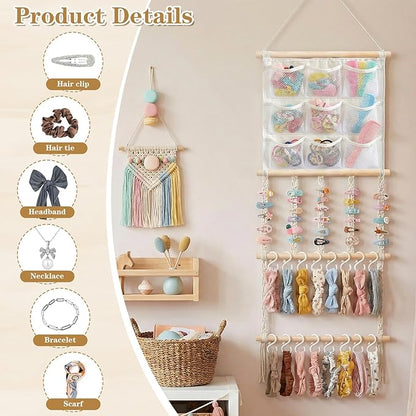 Hair Clip Holder Organizer Macrame Bow Organizer for Girls,Headband Holder Hair Accessories Storage Large Capacity Wall Hanging for Door Bedroom Wardrobe Home Decor (Beige B)
