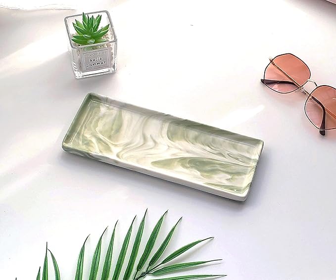 9.2" Porcelain Small Bathroom Tray, Ceramic Countertop and Vanity Tray for Cosmetics, Perfume, Jewelry, Candle - Kitchen Soap Tray for Kitchen Counter (Green)