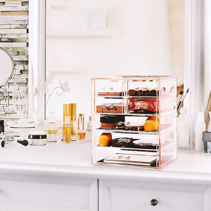 Sorbus Acrylic Makeup Organizer Set, 7-Drawer Vanity & Countertop Cosmetic Storage with Small & Wide Drawers, Pink Makeup Storage for Brushes, Lipsticks, Jewelry – Holiday Gift for Women & Teens