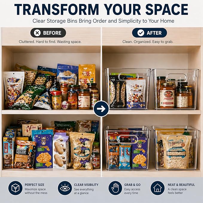 MOONEDGE Open Clear Plastic Storage Bins Stackable Organizer Containers with Handles for Kitchen, Pantry, Fridge, Cabinet, Closet Storage & Home Organization 6 Pack（11 x 8 x 6 in）