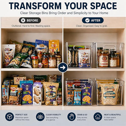 MOONEDGE 4 Pack Open Clear Plastic Storage Bins 11"x8"x6" Stackable Organizer Containers with Handle for Kitchen, Pantry, Fridge, Bathroom,Cabinet,Closet Storage