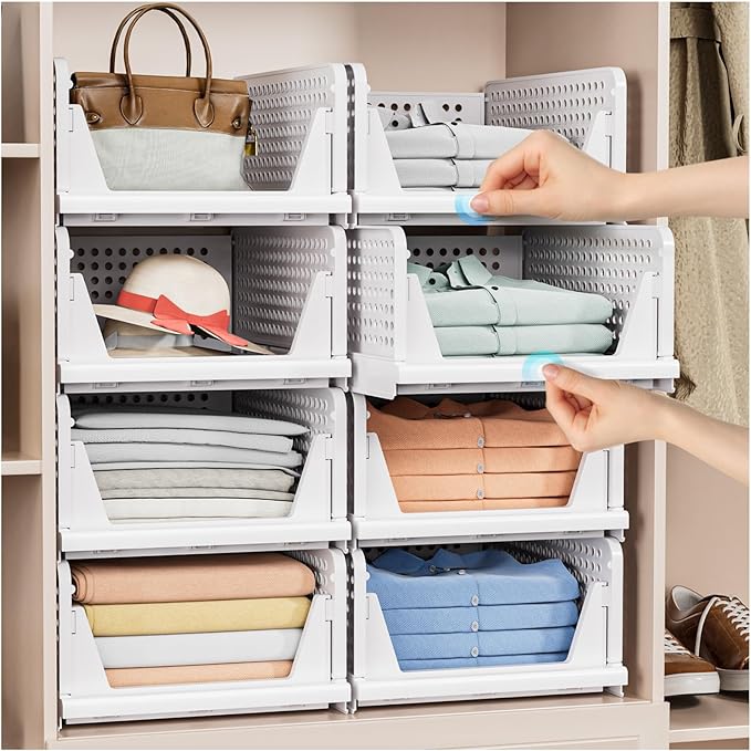 8 Pack Stackable Closet Storage Basket - Stackable Storage Bins, Multifunctional & Foldable Closet Organizer Waterproof, Wardrobe Cupboard Space-Saving Hat Storage Drawer Organizer, White