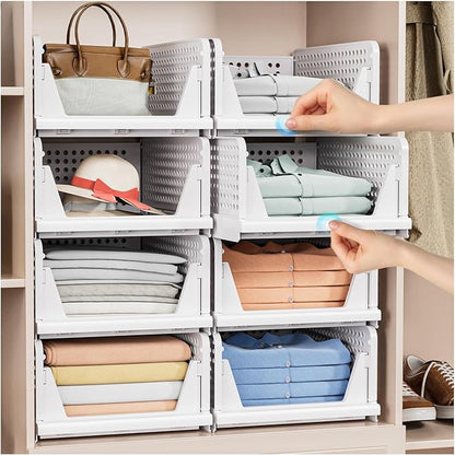 8 Pack Stackable Closet Storage Basket - Stackable Storage Bins, Multifunctional & Foldable Closet Organizer Waterproof, Wardrobe Cupboard Space-Saving Hat Storage Drawer Organizer, White