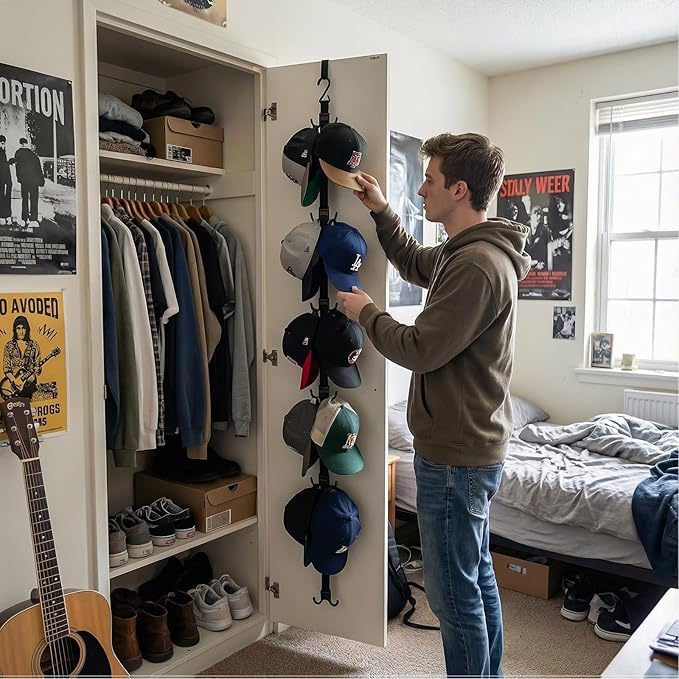 Hat Organizer for Closet, Hat Rack for Door with 6 Durable Adjustable Hooks & Storage Bag, Height 66 in Hat Storage for Home Dorm Room Travel Outdoor