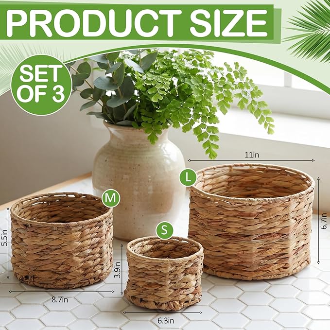 Newtay Set of 3 Scalloped Wicker Storage Baskets with Lid Round Rattan Woven Basket 11'' 8.7'' 6.3'' Natural Water Hyacinth Decorative Boxes for Organizing Nursery Home Closet Shelf Decors, 3 Sizes