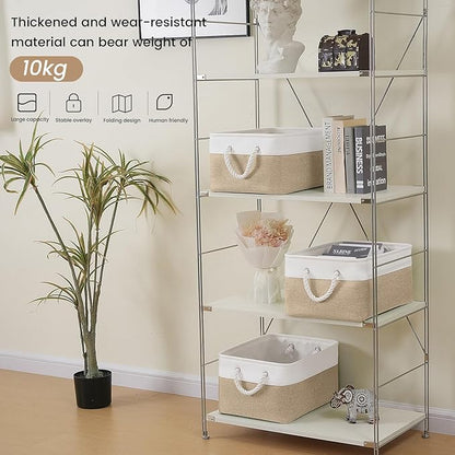 Large Storage Baskets- 15.7x11.8x8.26 inch Storage Bins for Shelves and Closet Organizing, Foldable Fabric Bin for Home Organization Clothes and Laundry (3-Pack, White&Khaki)