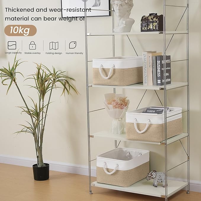Large Storage Baskets- 15.7x11.8x8.26 inch Storage Bins for Shelves and Closet Organizing, Foldable Fabric Bin for Home Organization Clothes and Laundry (6-Pack, White&Khaki)